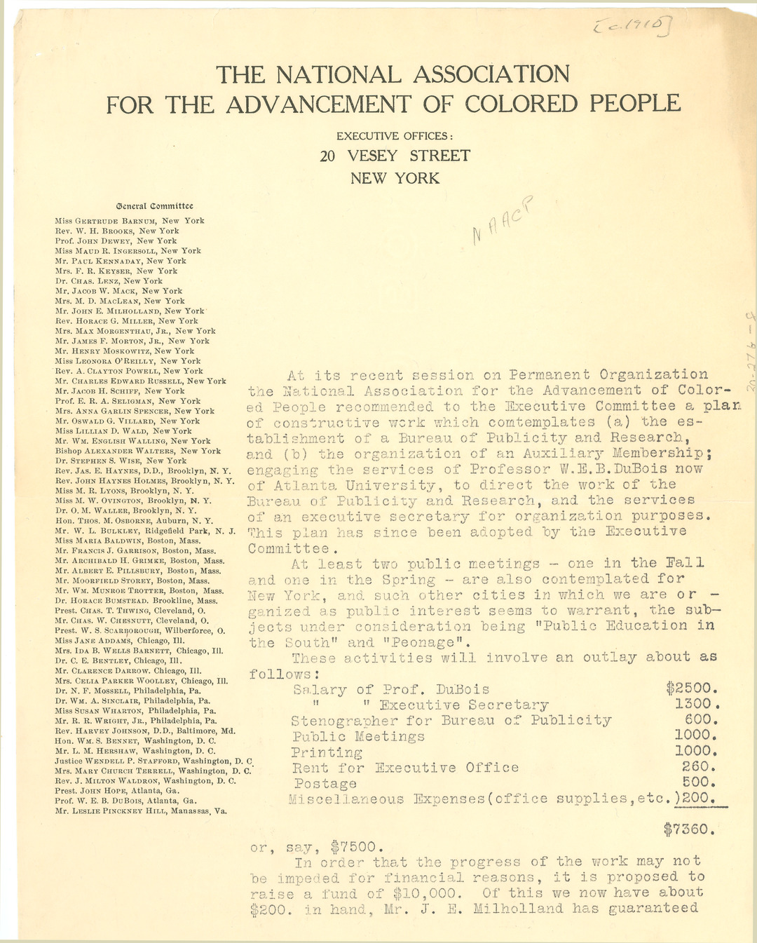 Circular letter from William English Walling to NAACP Executive Committee  members, ca. 1910