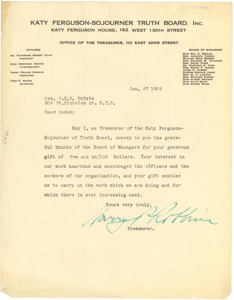 Letter from Katy Ferguson-Sojourner Truth Board, inc. to W. E. B. Du Bois, January 27, 1926