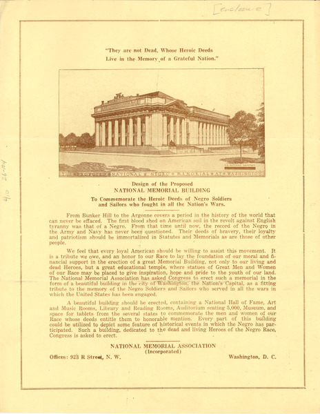 Design of the proposed national memorial building to commemorate the heroic
            deeds of Negro soldiers and sailors who fought in all the Nation's wars, ca. 1926