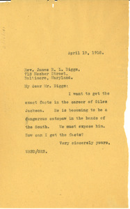 Thumbnail of Letter from W. E. B. Du Bois to Rev. James R. L. Diggs 