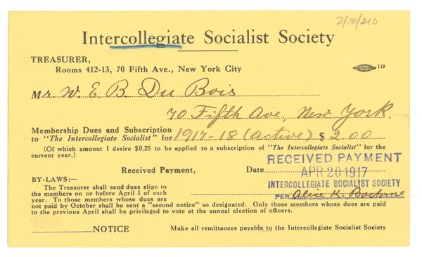 Intercollegiate Socialist Society membership card, April 1917