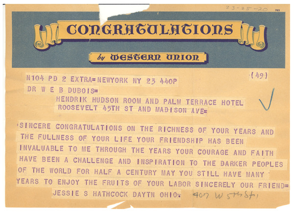 Telegram from Jessie Hathcock to W. E. B. Du Bois, February 23, 1948