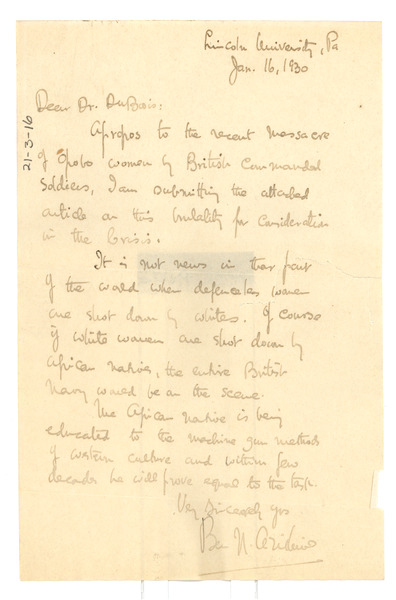 Letter from Ben N. Azikiwe to W. E. B. Du Bois, January 16, 1930