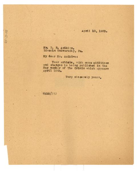 Letter from W. E. B. Du Bois to B. N. Azikiwe, April 10, 1930