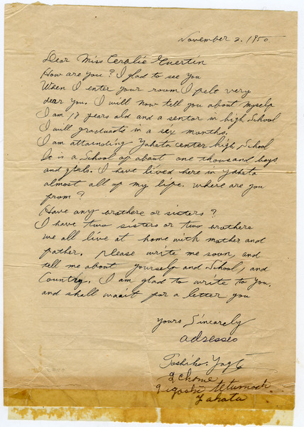 Letter from Toshiko Yagi to Coralie Guertin, November 2, 1950