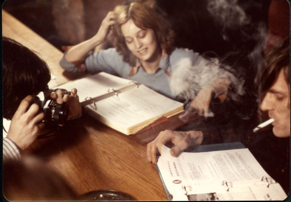 Unidentified commune members at a table, ca. 1973