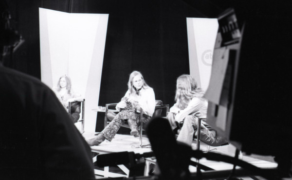 Commune members at the WGBY Catch 44 (public access television) interview: Anne and Jim Baker talking on             stage with Bruce Geisler, April 3, 1973