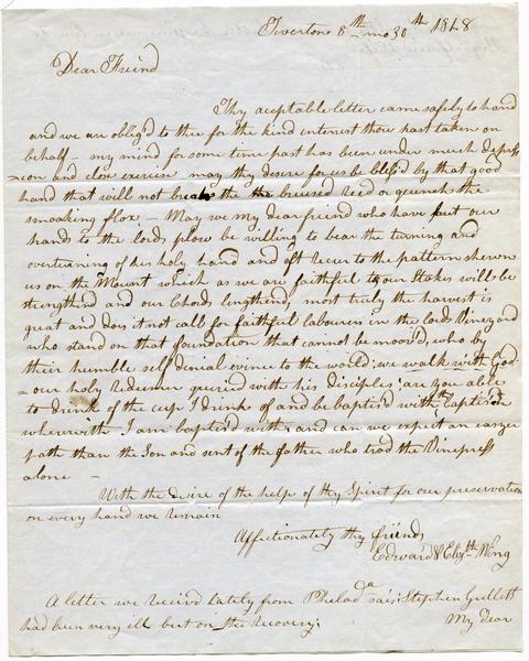 Letter from Edward and Elizabeth Wing to Samuel Boyd Tobey, August 30, 1848